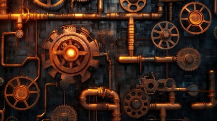 Aufkleber - network mechanical background with complex gears, pipes, and luminous lines forming a futuristic digital web, emphasizing the integration of technology
