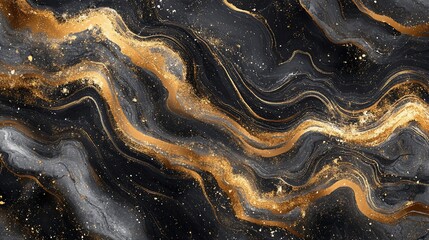 Poster - Elegant fluid art background with swirling golden veins and starry particles