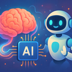 Poster - AI Innovation: A playful illustration depicts the harmonious convergence of artificial intelligence and human intelligence.