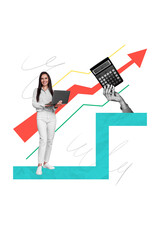 Aufkleber - Vertical photo collage of young pretty successful woman laptop work online remote big hand hold calculator economist on minimal background