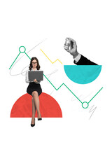 Aufkleber - Vertical photo collage poster of thoughtful woman sitting with laptop buy pay online cashback deposit credit funds drawing background