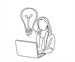 Aufkleber - Cartoon of business woman thinking on productive ideas sitting at laptop. One line art style. Editable stroke