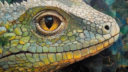 Poster - close reveals its diamond-shaped scales, blending shades of green and yellow. Its slightly parted mouth offers a glimpse of its sharp inner teeth