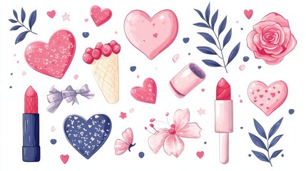 Poster - A set of girly stickers including hearts, lipsticks, and cute accessories in soft pastels. Mood: fun and feminine