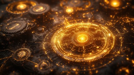 Aufkleber - mechanical abstract network background featuring gears, wires, and cybernetic patterns illuminated with a soft glow, evoking a futuristic digital system
