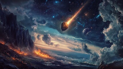 Wall Mural - the sky, a fiery spectacle of cosmic origins. its impact holds mysteries from the universe, a piece 