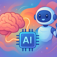 Poster - AI and Brains: Conceptual illustration showing the fusion of artificial intelligence with human intelligence, highlighting technological innovation and cognitive processes.