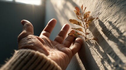 Aufkleber - A hand gently extends towards a textured surface, reaching for a small branch adorned with vibrant leaves. Sunlight casts soft shadows, enhancing the intimate moment of discovery