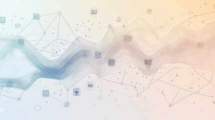 Fototapete - vector banner using line art to depict machine learning with icons representing neural networks, AI, and data processing, seamlessly connected in a smooth, flowing design