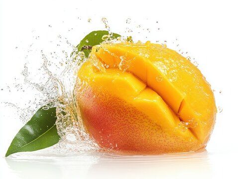 Isolated white background featuring citrus and mango water splash.