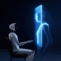 Poster - Futuristic robot interacts with holographic figure in dark environment.