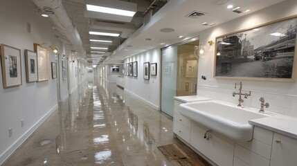 Poster - Contemporary gallery hallway with artwork and modern sink installation