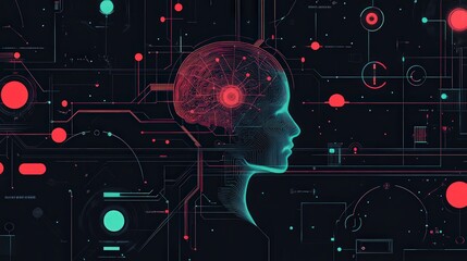 Poster - refined line style vector banner illustrating machine learning processes, including AI, neural networks, and data flow, linked together in a balanced,