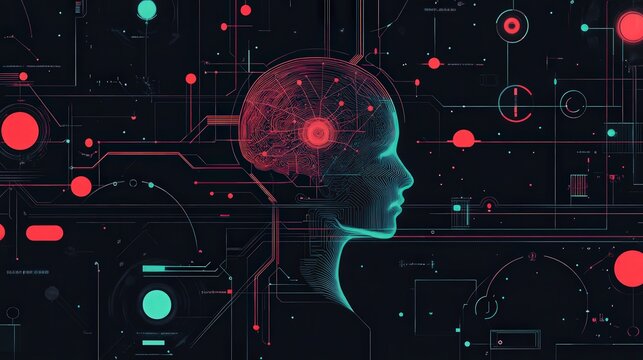 refined line style vector banner illustrating machine learning processes, including AI, neural networks, and data flow, linked together in a balanced,