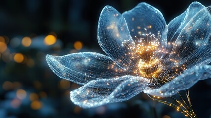  - virtual reality garden, each petal connected to a digital interface that reacts to sound and touch with glowing effects