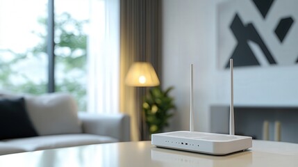 Poster - The Wi-Fi router is placed on a modern table, delivering high-speed internet throughout the room while blending seamlessly into the minimalist decor.