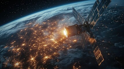 Poster - satellite in orbit beaming ultra-fast internet signals to Earth, illuminating a network of interlinked smart cities glowing with cyber energy