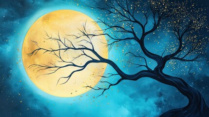 Poster - Elegant tree silhouette with moonlight glow and tiny sparkles. Mood: tranquil and magical