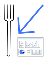 Poster - Fork symbol, downward arrow, and analytical dashboard with charts suggest efficient task management, data-informed decisions, and innovation. Ideal for analytics, dashboards, apps, food-tech