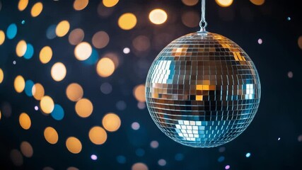 Poster - Illuminated shiny disco ball with lights on a dark background, featuring text space.