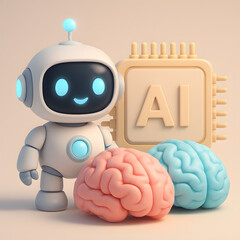 Poster - AI Robot Concept: A friendly robot stands alongside a stylized AI chip and colorful brain models, presenting a vivid concept of artificial intelligence, machine learning, and future technology. 