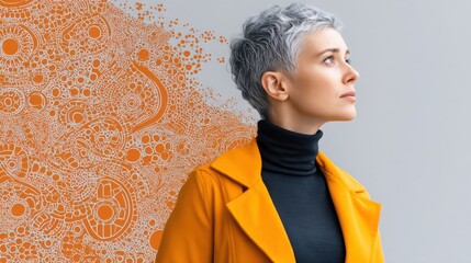 Poster - Woman with grey hair and yellow coat depicting ai-powered investment research for smart data-driven financial decisions