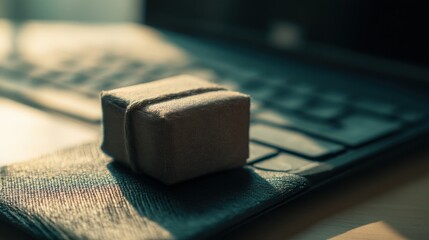 Poster - a cube resting on a keyboard symbolizing digital transformation in business operations and technolog