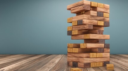 Poster - Stacked wooden blocks arranged to demonstrate business resilience and architectural concepts in a creative way
