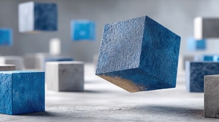 Poster - geometric cube with a blue block at its center representing de-risking investment portfolios and red