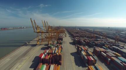 Poster - container ship action at busy port industrial shipping scene aerial view global trade dynamics
