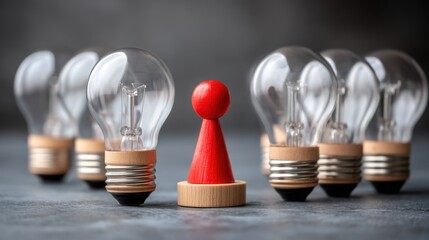 Poster - A red light bulb surrounded by a group of light bulbs signifying ideas and innovation in a creative context