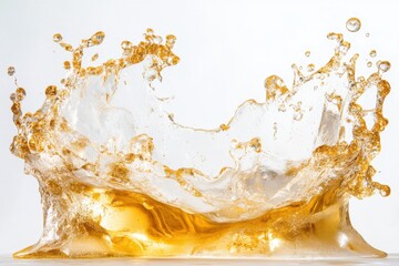 Poster - Close up shot of a golden liquid splashing against a white background in a studio setting
