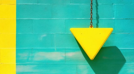 Poster - Bright yellow triangle hanging on a vibrant blue wall symbolizing direction and focus in a creative space