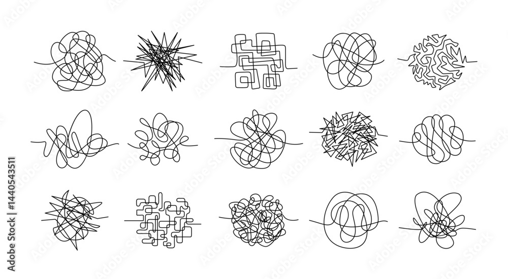 Doodle clew. Chaos lines, hand drawing tangled clew, insane mess ...