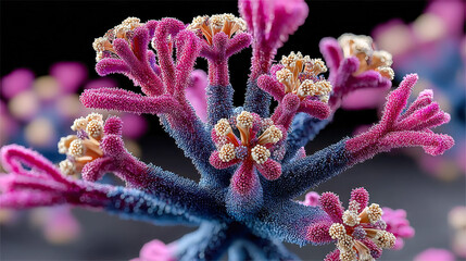 Poster - Colorful microscopic view of vibrant abstract flower-like structures with detailed textures and vivid colors
