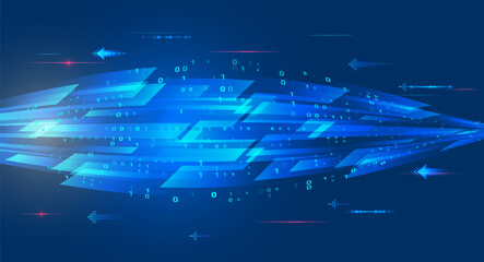 Poster - Abstract technology background with glowing blue arrows and binary code on a dark gradient. Concept of data transmission, innovation, and digital communication.