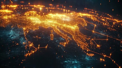 Poster - illuminated map of europe nighttime digital art urban landscape aerial view light connectivity conce