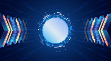 Poster - Concept of innovation, speed, and high-tech digital communication. Futuristic blue technology background with glowing arrows, digital lines, and sci-fi patterns.