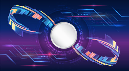 Fototapete - Futuristic abstract background with a central circle. Technological spiral elements with bright colors - blue, purple, orange and yellow - create the effect of movement and high technology.
