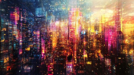 Poster - Vibrant nightlife scene urban cityscape digital art modern environment aerial view futuristic concept