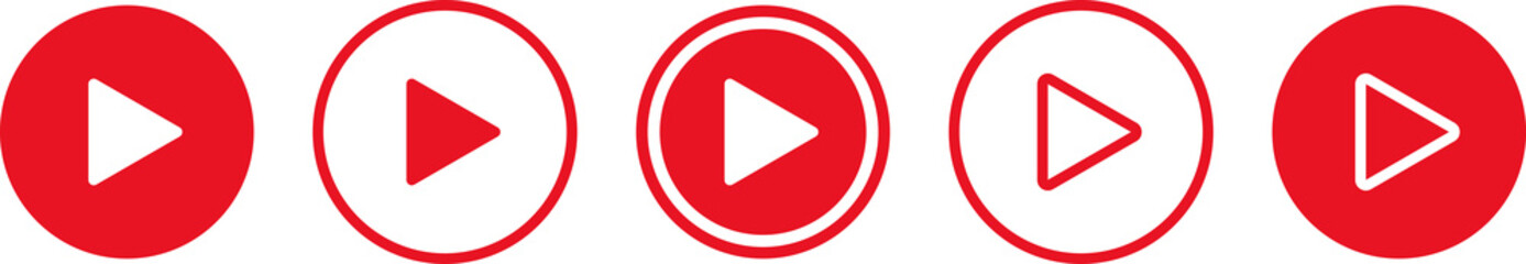 Fototapete - Play video red button icon, sign isolated on white background. Trendy circle play button icon in flat style. Radio symbol, video player, arrow.