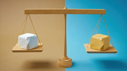 Poster - Balanced scale with two identical rocks representing financial leverage analysis and economic understanding concept
