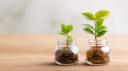 Poster - Two small glass jars with green plants inside representing financial wellbeing programs and employee money management concepts