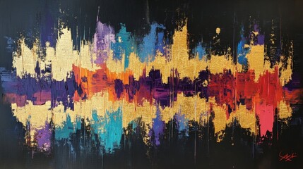 Poster - Vibrant abstract art depicting sound waves modern gallery wall art urban environment close-up view colorful expression