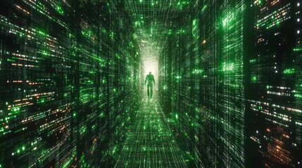 Fototapete - Exploring the digital realm virtual corridor futuristic environment sci-fi vibe full perspective conceptual imagery