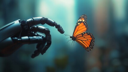 Poster - Robot hand reaches for butterfly futuristic cityscape digital art nature close-up intersection of technology and life