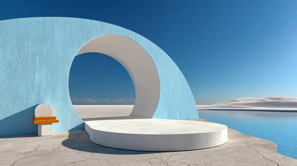 Poster - Minimalistic futuristic architecture with a circular tunnel, blue textured walls, white staircase, and serene water reflection under a clear sky