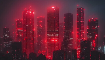 Poster - Futuristic cityscape red illuminated skyscrapers