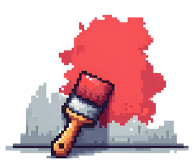 Poster - Pixel art brushstroke with red paintbrush and vibrant paint splatter evokes creativity and fun
