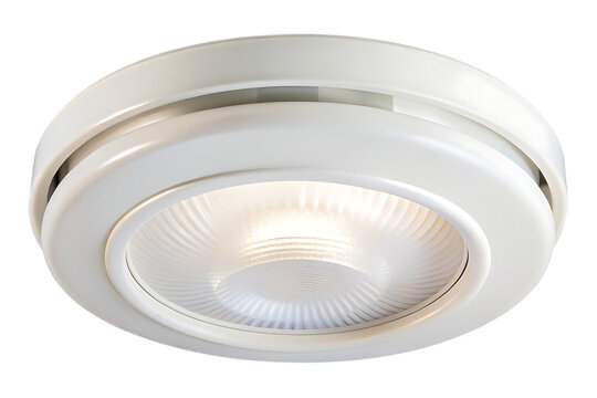 A white round ceiling light fixture with a bright light emitting from the center isolated on white background .PNG